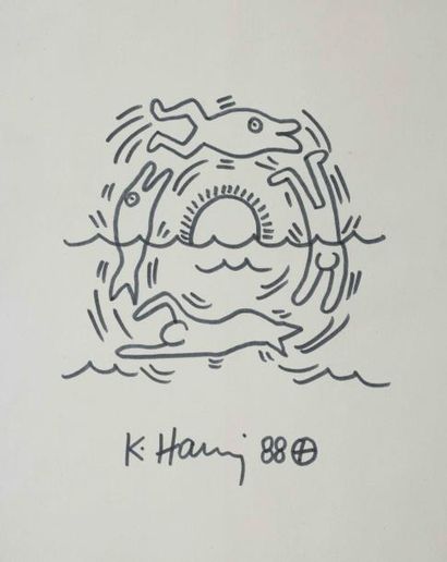 KEITH HARING
Dolphin and men in the ocean,...