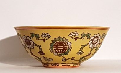 Coupe en porcelaine sur fond jaune à décor...