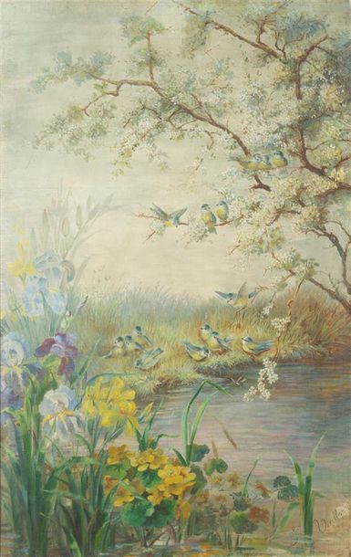 École du XIX° siècle
« Oiseaux sur une branche...