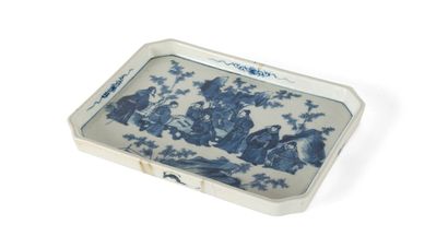 Plateau rectangulaire en porcelaine bleu...
