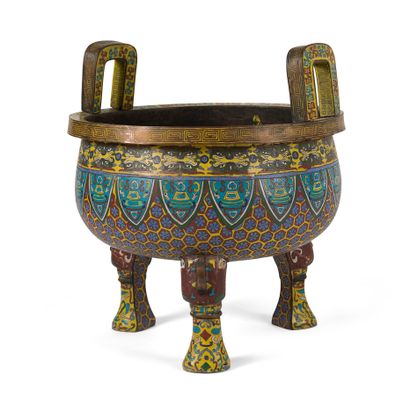 Grand brûle-parfum tripode en bronze et émaux...