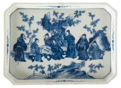 Plateau rectangulaire en porcelaine bleu...