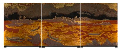 Paravent à trois feuilles en bois laqué 

Vietnam,...