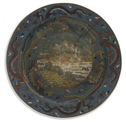 Bassin en cuivre et émaux cloisonnés

Chine,...