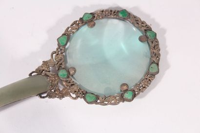Magnifying glass in silver plated metal and...