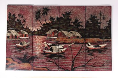 Small four-panel lacquer and eggshell screen
Vietnam,...