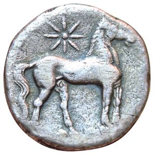 Dishekel (AR). 264-241 B.C. A/ Head of Tanit...