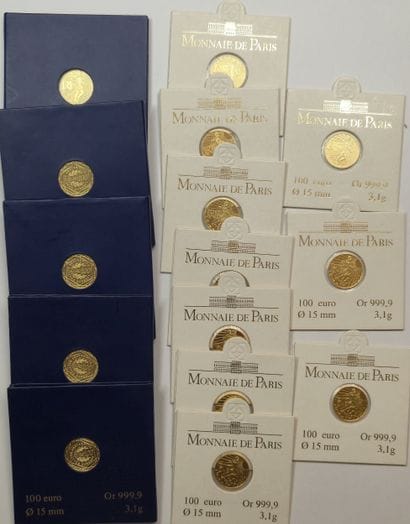France. Lot of 15 €100 coins 2008 (10 ex.),...