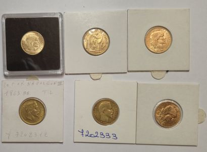 France. Lot of 5 pieces of 20 Francs (Nap.III,...