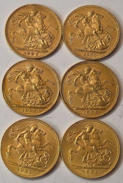 United Kingdom. Lot of 6 coins of 1 Sovereign....
