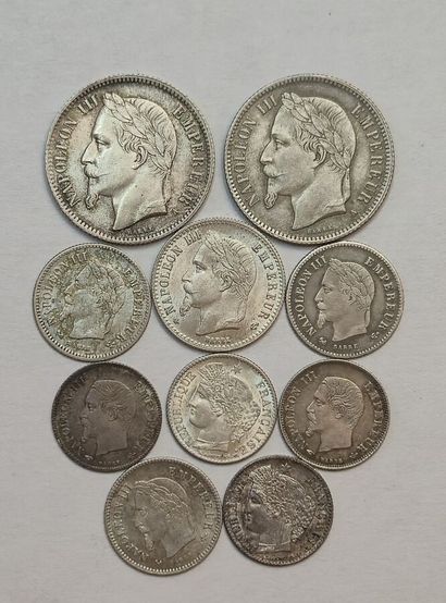 Lot argent. Napoléon III et Cérès; 10 monnaies:...