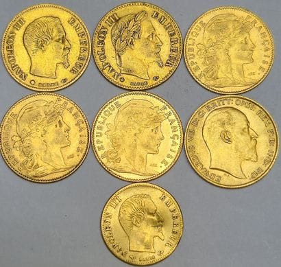 France. 7 coins: 6 pieces of 10 Francs (Nap.III,...