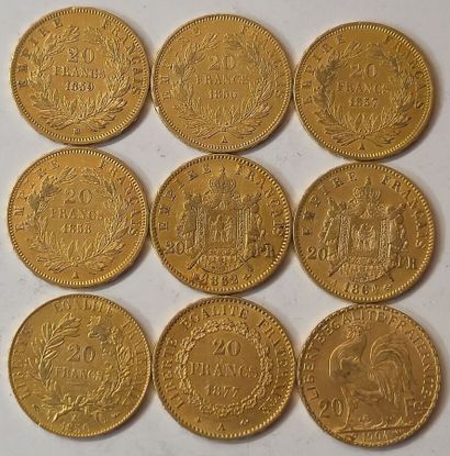 France. Lot of 9 pieces of 20 Francs (Nap.III...