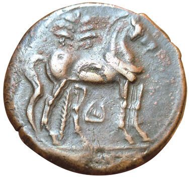 Trishekel (AE). 221-202 B.C. A/ Head of Tanit...
