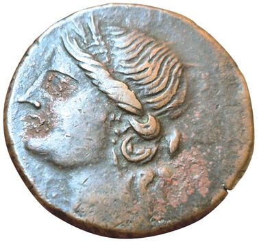 Trishekel (AE). 221-202 B.C. A/ Head of Tanit...