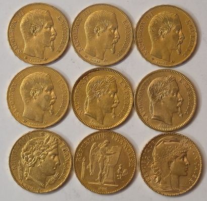 France. Lot of 9 pieces of 20 Francs (Nap.III...