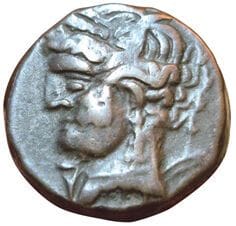 Bronze unit. 220-215 B.C. A/ Tanit's head...