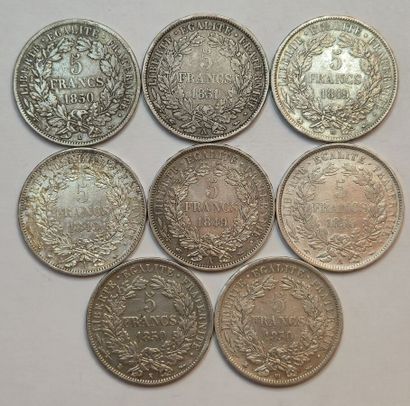 Lot argent: 8 monnaies: 5 Francs 1849 A (2...