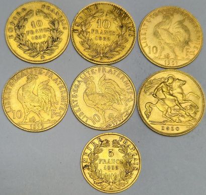 France. 7 coins: 6 pieces of 10 Francs (Nap.III,...