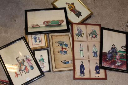 Ensemble de peintures sur papier de riz encadrées...