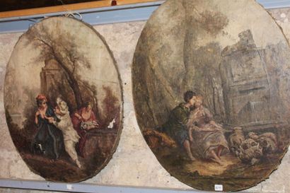 Deux peintures en oval dans le goût du XVIIIe,...