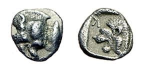 MYSIE. CYZIQUE.
450-420 av. J.C. Obole. Protomé...