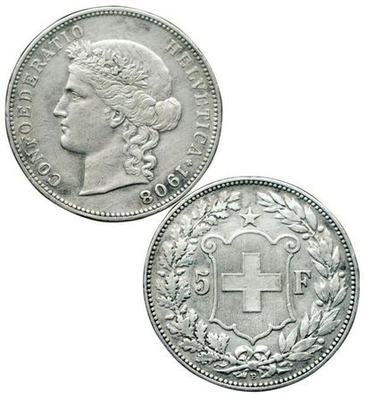 SUISSE.
5 Francs. 1908 B. Km.34. TTB