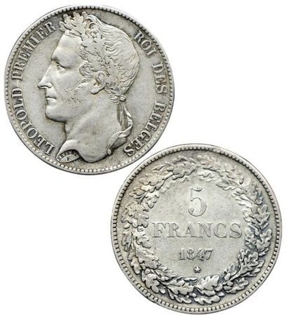 BELGIQUE.
Léopold I. 5 Francs. 1847. Km.3.2....