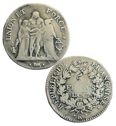 DIRECTOIRE.
5 Francs U et F. An 7 K. Bordeaux....