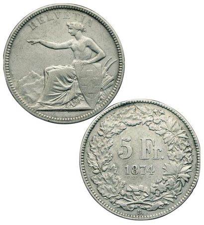 SUISSE.
5 Francs. 1874 B. Bruxelles. Km.11....