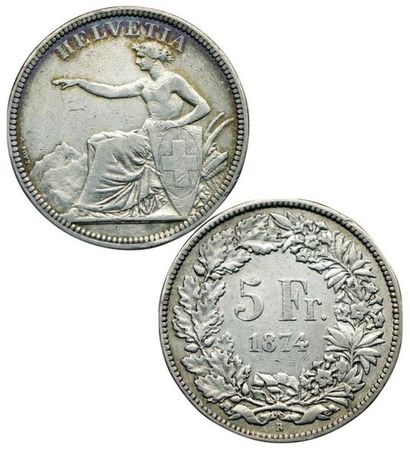 SUISSE.
5 Francs. 1874 B. Bruxelles. B sans...