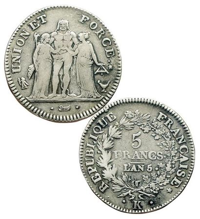 DIRECTOIRE.
5 Francs U et F. An 5/4 K. Bordeaux....