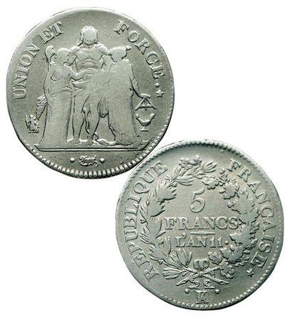 CONSULAT.
5 Francs U et F. An 11 K. Bordeaux....