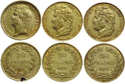 LOUIS PHILIPPE 1er.
3 monnaies : 20 Francs...