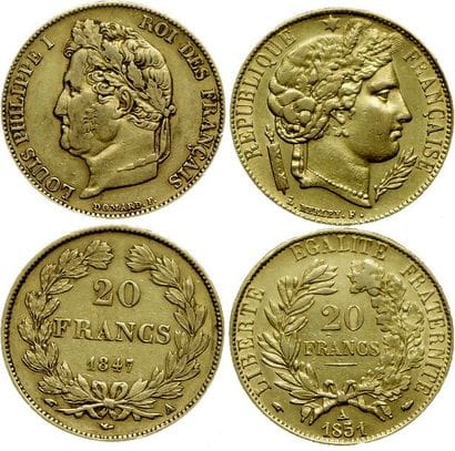 2 MONNAIES
20 Francs 1845 A et 1851 A. (Coll....
