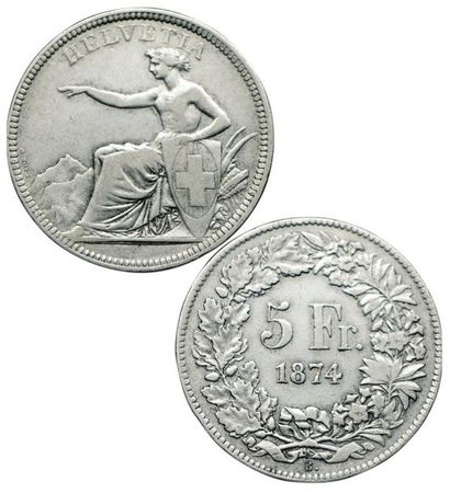 SUISSE.
5 Francs. 1874 B. Bruxelles. Km.11.
...