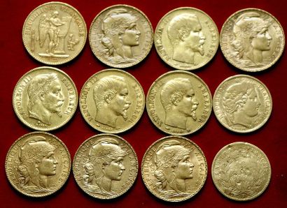 12 MONNAIES :
4 x 20Frs Nap.III (1857A(2ex.),...