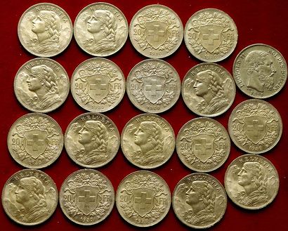 SUISSE ET DIVERS.
Lot de 19 pièces de 20...