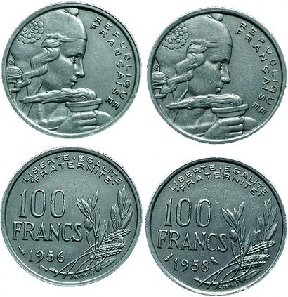 IVème REPUBLIQUE.
2 monnaies : 100 Francs...