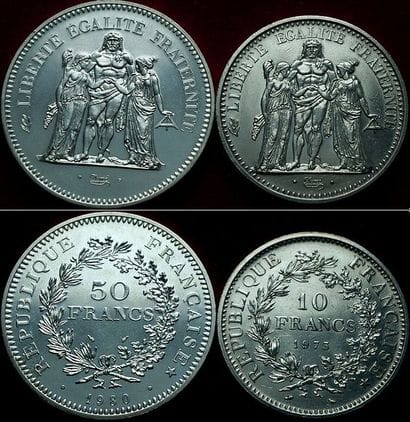 Vème REPUBLIQUE.
2 monnaies : 50 Francs Hercule...