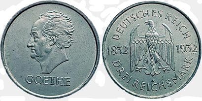 REPUBLIQUE DE WEIMAR.
3 Mark. 1932 A. Goethe....
