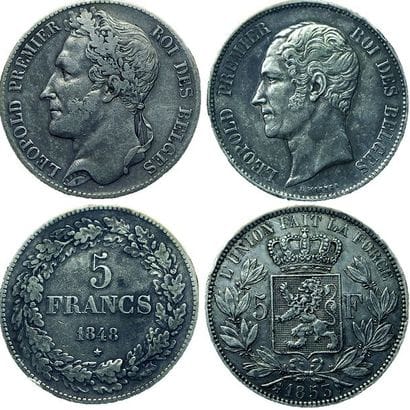 BELGIQUE.
2 monnaies : 5 Francs 1848 et 5...