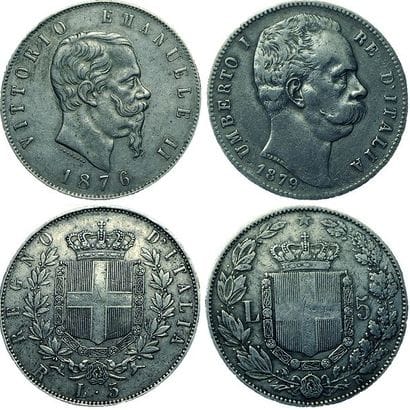 ITALIE.
2 monnaies : 5 Lire 1876 R et 1879...