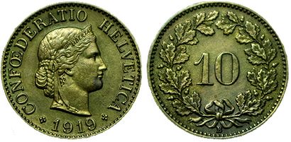 SUISSE.
10 Rappen. 1919. Cuivre jaune. Rare....