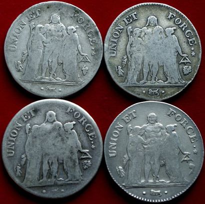 19ème SIECLE.
Lot de 4 monnaies : 5 Francs...