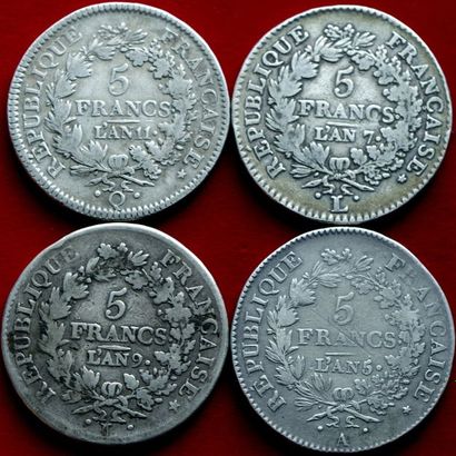 19ème SIECLE.
Lot de 4 monnaies : 5 Francs...