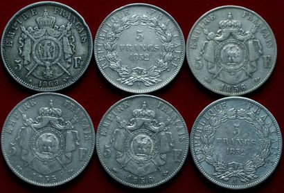 19ème SIECLE.
Lot de 6 pièces de 5 Francs...