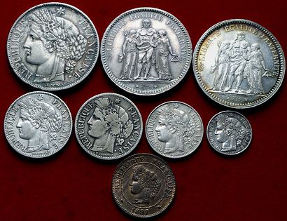 19ème SIECLE.
Lot de 8 monnaies : 5 Francs...