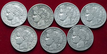 19ème SIECLE.
Lot de 7 pièces de 2 Francs...