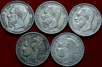19ème SIECLE.
Lot de 5 monnaies : 5 Francs...